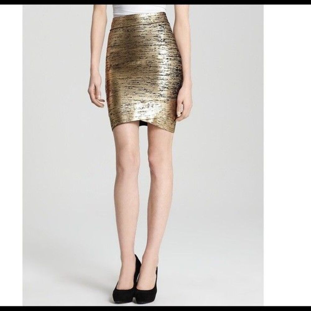 BCBG MaxAzria SILVIE Gold Foil Bandage Skirt S Metallic Y2K Bodycon Shimmer - Picture 1 of 7